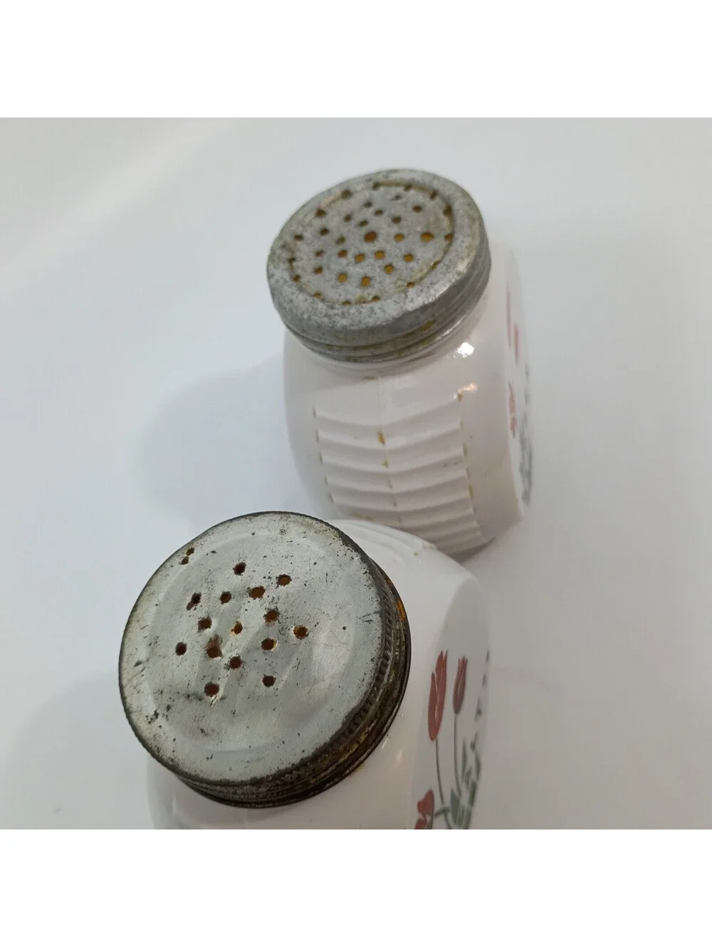 Vintage Fire King Red Tulip Salt & Pepper Shakers Anchor Vitrock Milk Glass